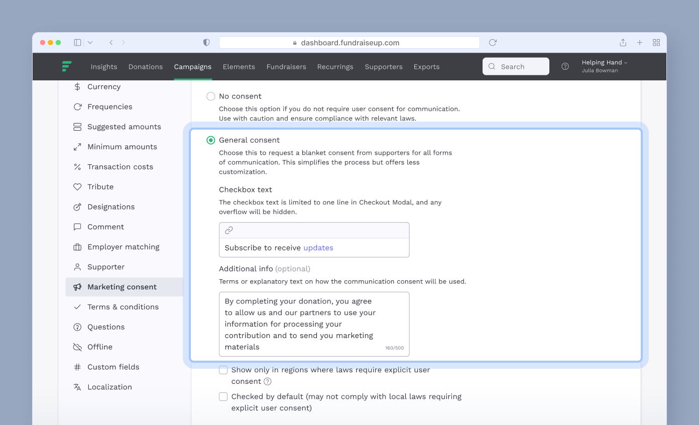 General consent section for communication preferences, including a checkbox to subscribe for updates and additional information about data usage for marketing purposes.