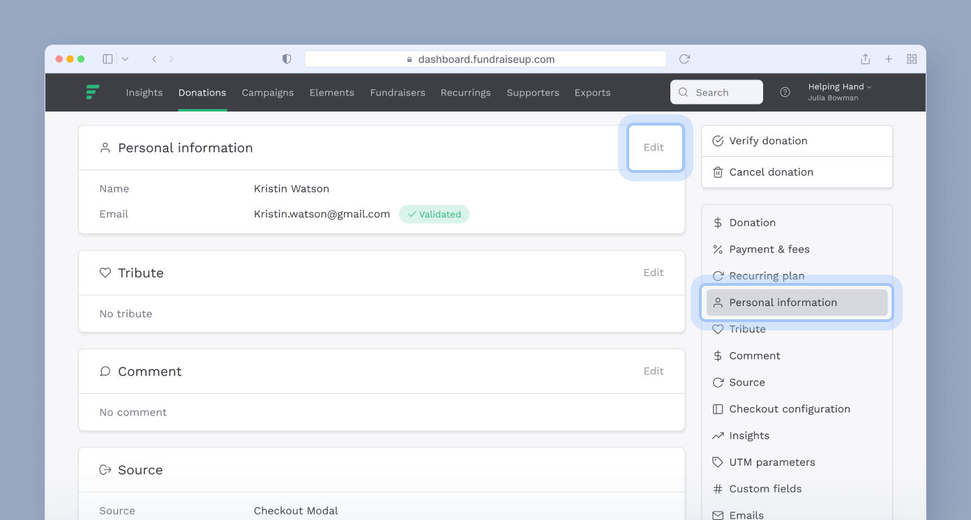 Donation management dashboard displaying personal information for a user named Kristin Watson, including email validation status. Options to edit personal information and manage donations are visible on the right.