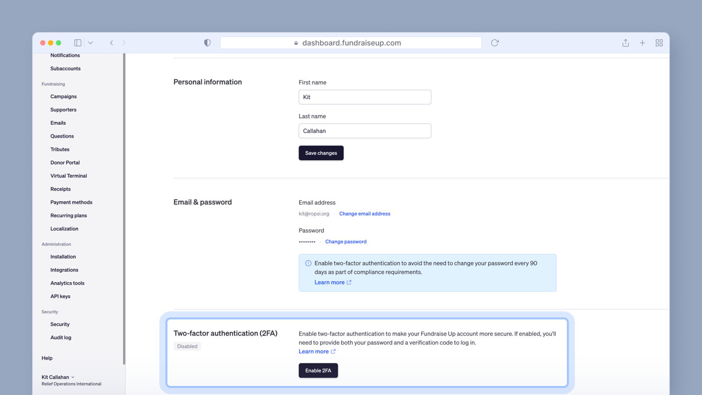 Personal information section with fields for first name and last name, email address, and password. Two-factor authentication option is enabled, with a description of its purpose and a link to learn more.